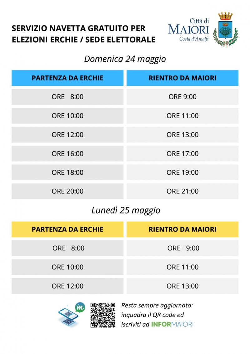 Elezioni amministrative del 24 e 25 maggio p.v.: servizio navetta gratuito per elezioni tratta Erchie/Sede elettorale