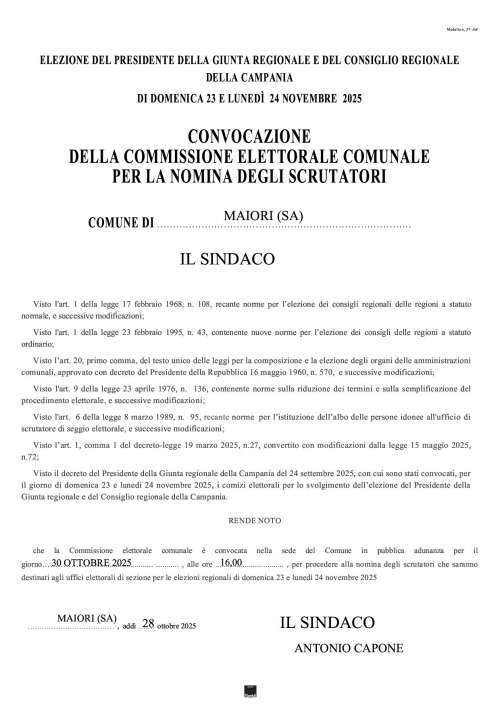 Elezione del presidente della giunta regionale e del consiglio regionale della Campania del 23 e 24 novembre 2025 - convocazione della commissione elettorale comunale per la nomina degli scrutatori