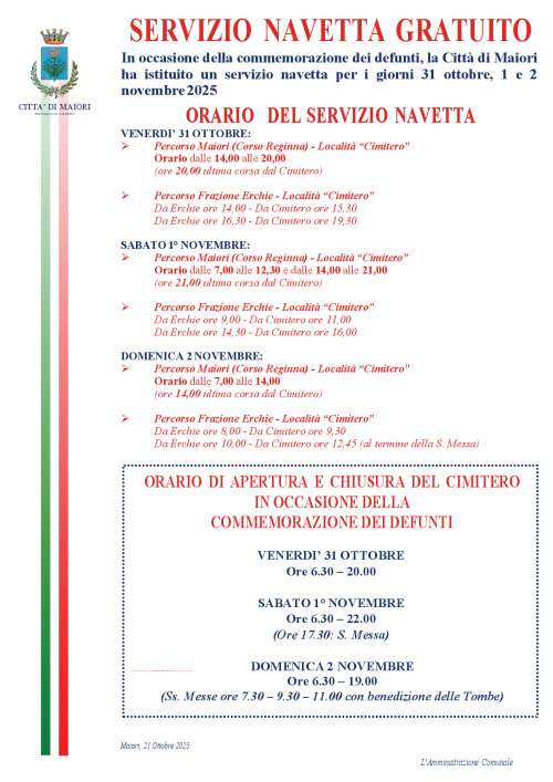 Commemorazione dei defunti: orari apertura e chiusura cimitero e servizio navetta gratuito per i giorni 31 ottobre, 1 e 2 novembre p.v.