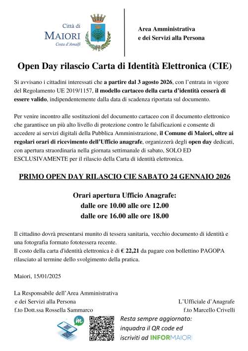 Open Day rilascio Carta di Identit� Elettronica (CIE) sabato 24 gennaio p.v. 