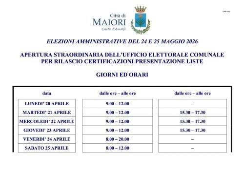 Elezioni amministrative del 24 e 25 maggio 2026 - apertura straordinaria dell�Ufficio Elettorale comunale per rilascio certificazioni presentazione liste