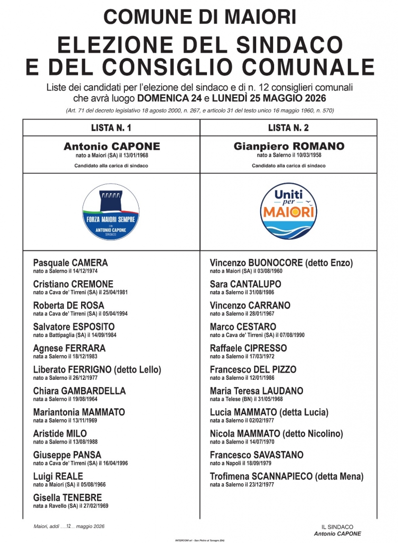 Elezioni amministrative del 24 e 25 maggio p.v.: liste dei candidati per l\'elezione del Sindaco e dei Consiglieri Comunali