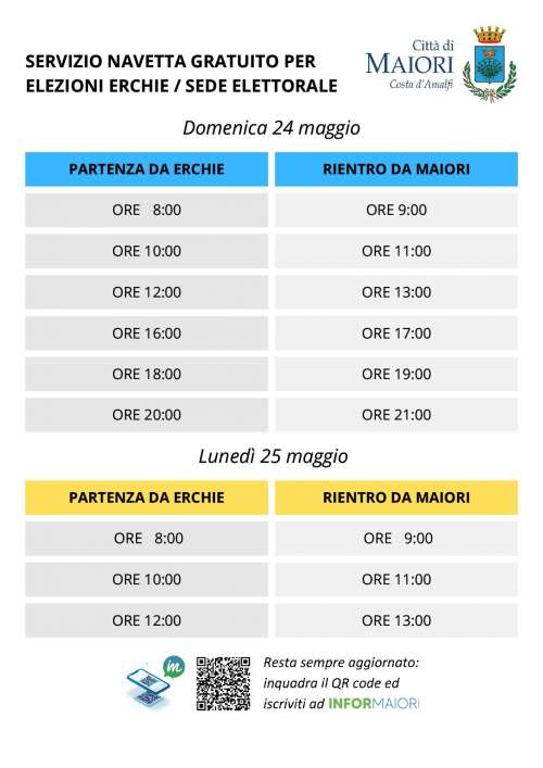 Elezioni amministrative del 24 e 25 maggio p.v.: servizio navetta gratuito per elezioni tratta Erchie/Sede elettorale