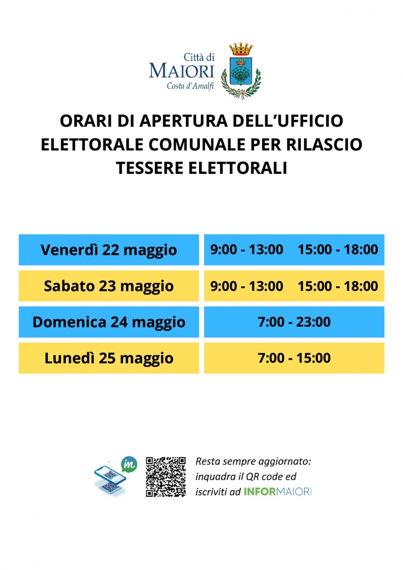 Elezioni amministrative del 24 e 25 maggio p.v.: orari di apertura dell\'Ufficio elettorale comunale per il rilascio delle tessere elettorali