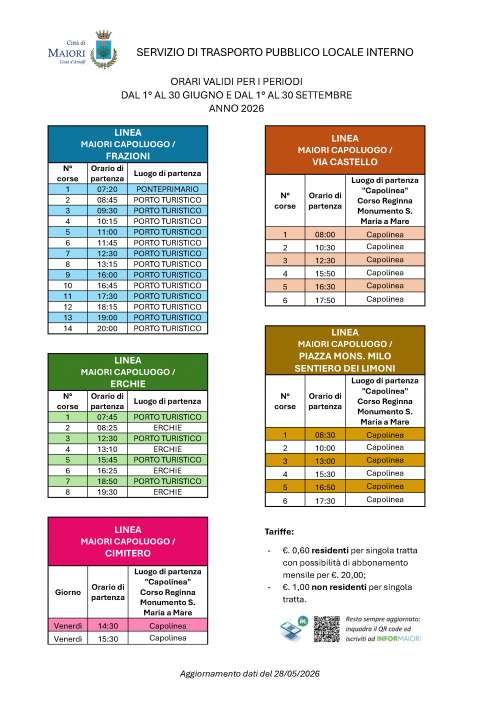 Trasporto pubblico locale interno: orari validi per i periodi dal 1� al 30 giugno e dal 1� al 30 settembre 2026