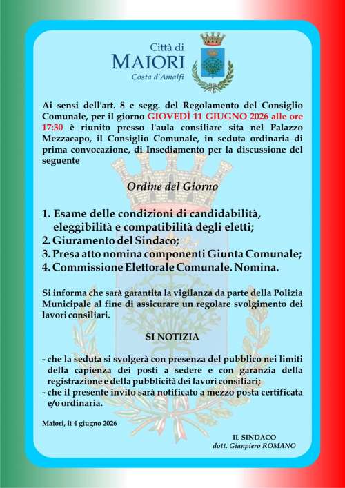 Convocazione del Consiglio Comunale di Insediamento per il giorno 11 giugno 2026 