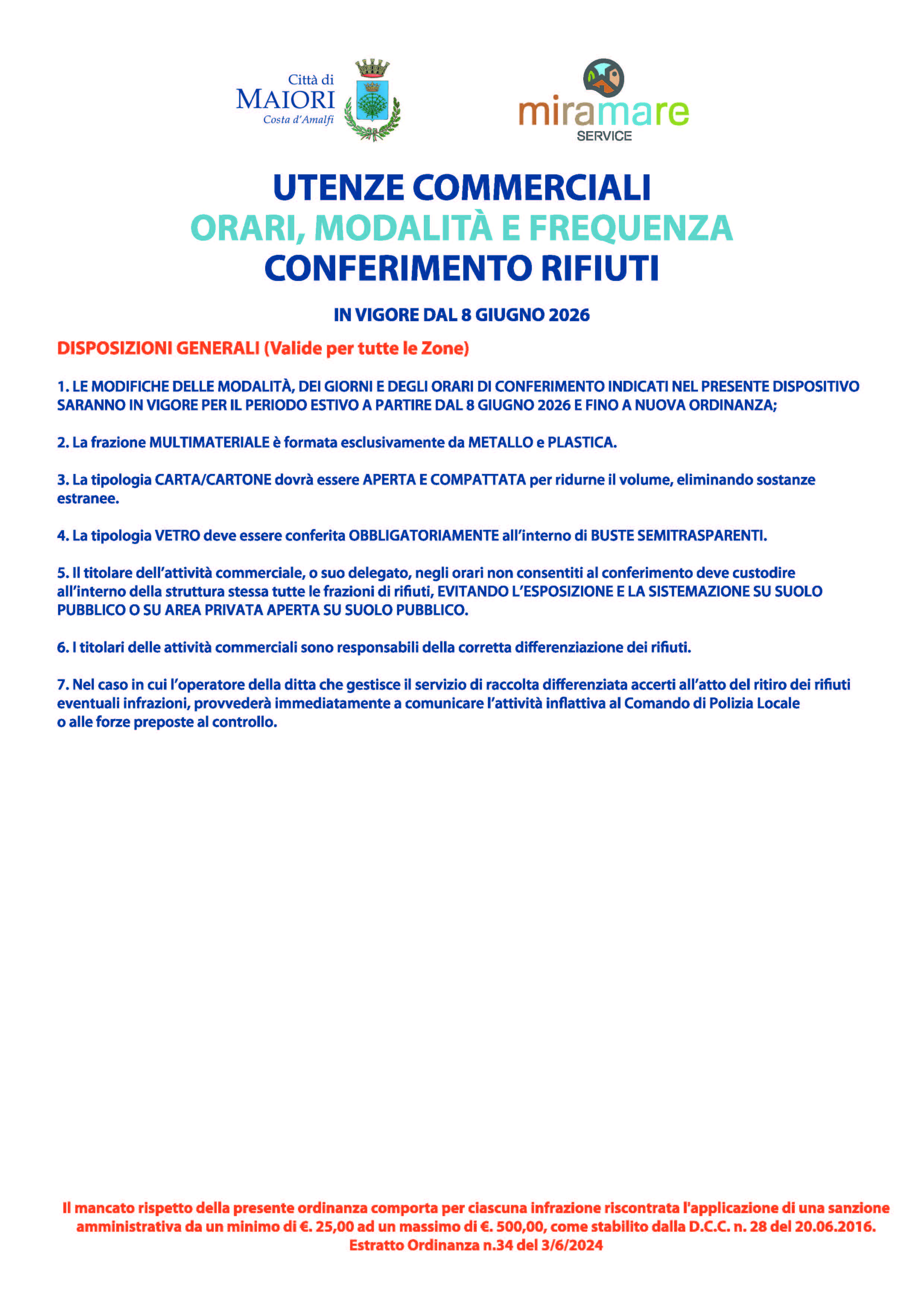 Calendario utenze commerciali - suddiviso per zone - a partire dal 8 giugno 2026