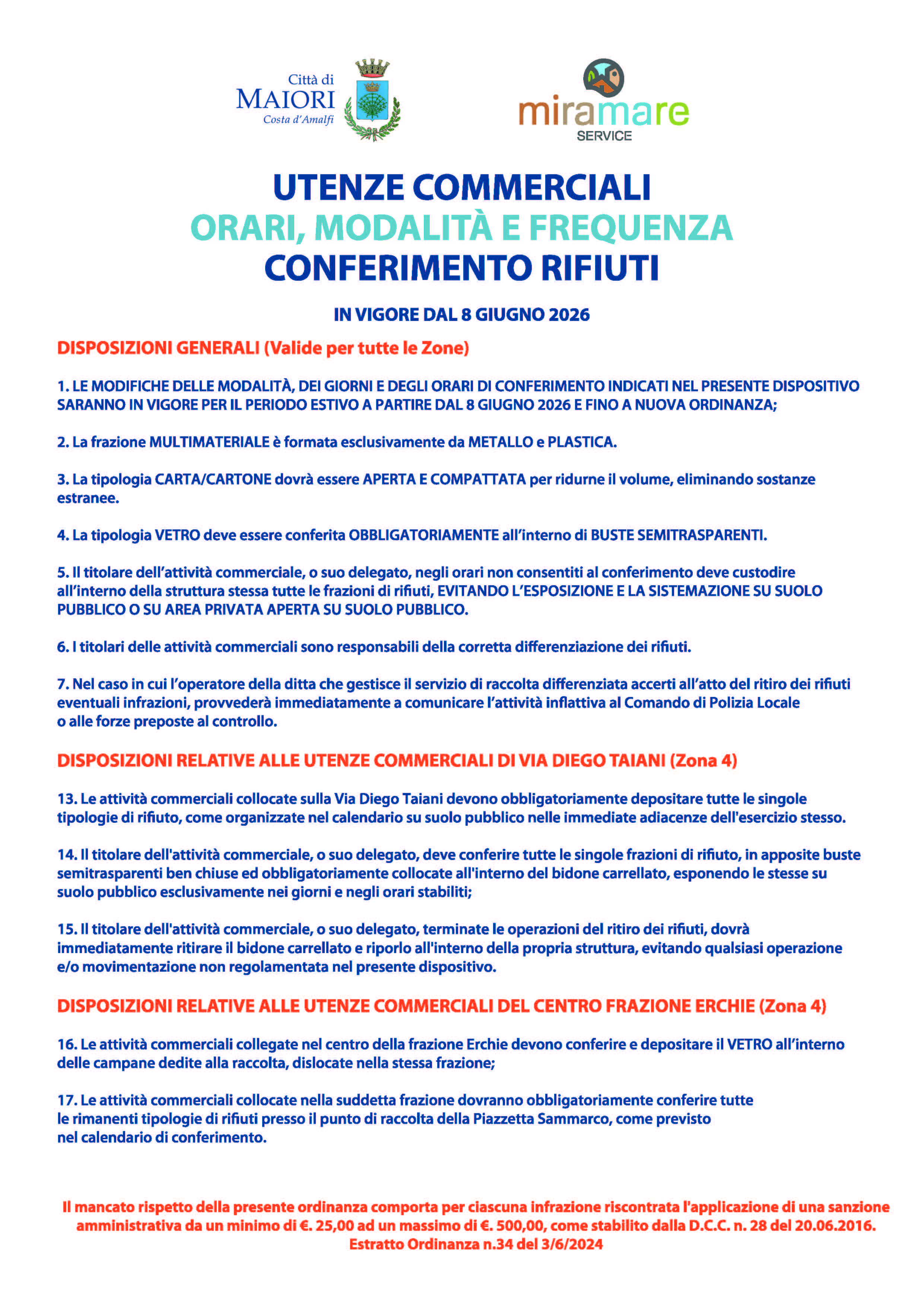 Calendario utenze commerciali - suddiviso per zone - a partire dal 8 giugno 2026